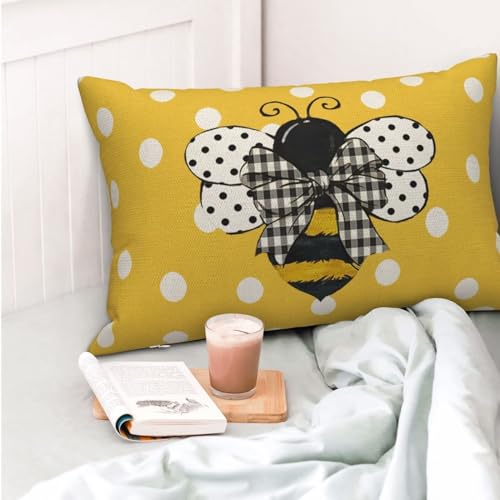 Yellow Bee Pillow Covers 12x20 Set of 2 Polka Dots Outdoor Decorative Throw Pillow Covers Summer Farmhouse Seasonal Linen Cushion Case for Home Sofa Couch Outdoor Decor