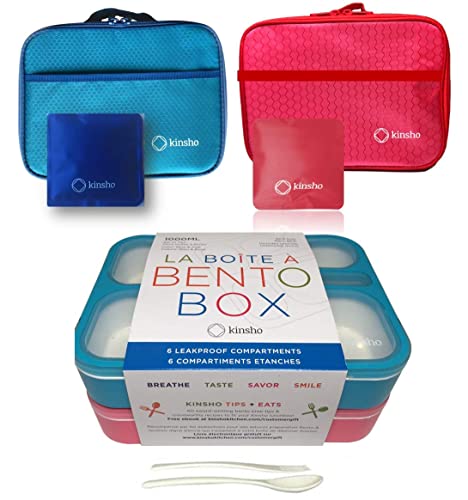 Bento Lunch Boxes with Bags Ice Packs | Bento-Box Insulated Bag Ice Cold Pack Set of Two for Kids Adults | Value Container Set for School Kid Lunches, 6 Compartments Leakproof BPA Free, Blue & Pink