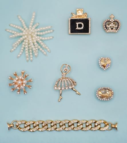 ZOKUZO Bling Croc Charms Accessories Gold Cute Designer Girly Pearl Crock Pins Jewels Gems Chains Shoe Decorations Charms Jewelry for Women Adults Black Girl Teens Gifts Bubble Slides