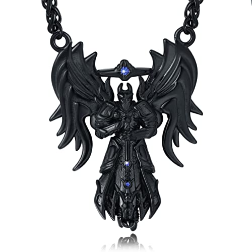 YAMI Black Necklace for Men, Guardian Angel Necklace, Pendant Necklace with Wings, Hypoallergenic Angel Pendant 316 Stainless Steel Cast, 24 Inch Chain, Men's Jewelry (Black)