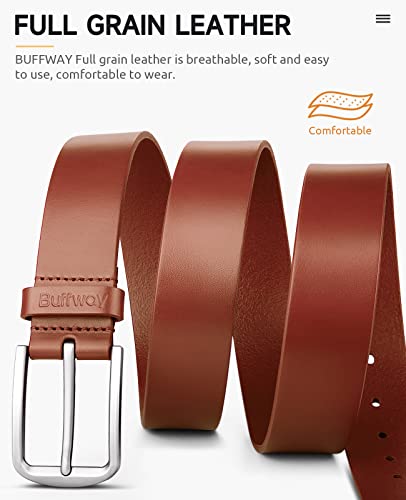 Buffway Mens Belt Full Grain Genuine Leather Belts for Men Casual Jeans or Dress with Gift Box 1 3/8”Wide Size 56” - Brown