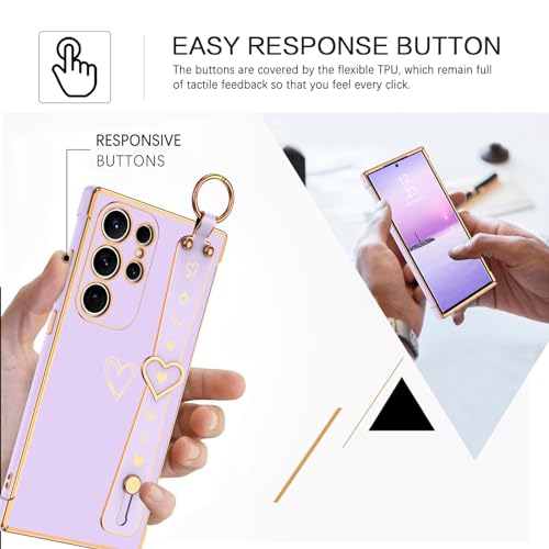 BENTOBEN Compatible with Samsung Galaxy S24 Ultra Phone Case 2024, Slim Thin Shockproof Kickstand Holder Protective TPU Bumper Drop Protection Cute Heart Girl Women Boy Men S24Ultra Cover, Purple/Gold