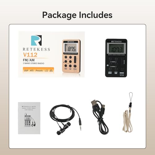 Retekess V112 AM FM Pocket Radio, Digital Radio with Earphone, Rechargeable Battery Radio with LCD Display for Walking, Jogging, Training(Black)