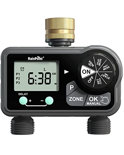 RAINPOINT Brass Sprinkler Timer 2 Stations, Large Digital Water Timer for Garden Hose with 6 Programmable Procedure, Hose Timer with Delay/Manual/Auto Irrigation Mode for Week/Specific/Daily Watering