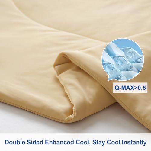 PHF Cooling Comforter Set Queen Size, 3PCS Soft Breathable Lightweight Summer Bedding Set for Hot Sleepers, Silk Smooth Double-Side Cooling Bed Set with 1 Comforter and 2 Pillowcases, Beige