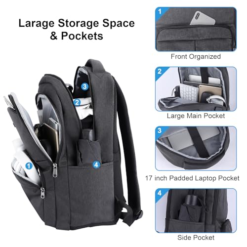 KYME Work Backpack,Large Backpack,17 Inch Travel Laptop Backpack,Water Resistant Collage Book Bags for Men,Black