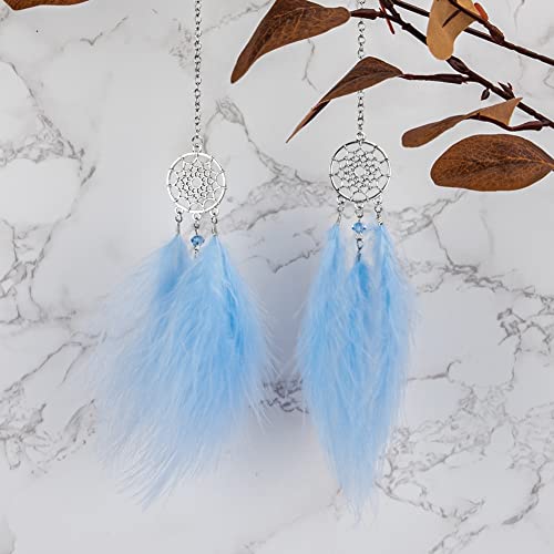 Feather Dream Catcher Crystal Charm Bling Car Deco Rear View Mirror Car Pendant Hanging Car Styling Accessories (Blue)