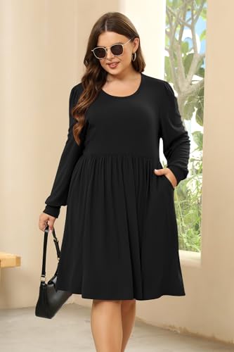 Keluummi Plus Size Women's Flowy Casual Midi Dress with Puffy Sleeves and Pockets - Cozy for Holidays(KEL6021,16,Grey)