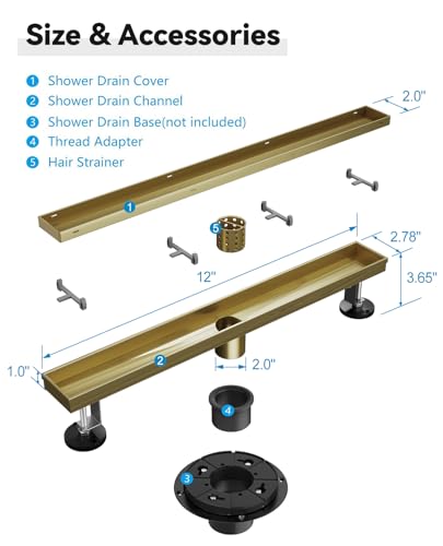 HTOH Shower Drain, 2 in 1 Linear Shower Drain 72 Inch(Brushed Nickel), 304 Stainless Steel Shower Floor Drain with Tile Insert Grate,Adjustable Feet,Hair Filter