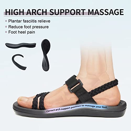 MEGNYA Ladies Supportive Walking Dressy Sandals, Cushion Rubber Insole Sandals for Outdoor Adventure, Comfortable Flip Flop Water Sandals with Cute Hook and Loop Straps Black Grey Size 6