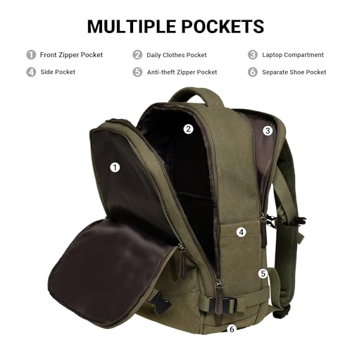 KAUKKO Thick Canvas Travel Backpack, Flight Approved Carry On Backpack with Shoe Pouch and 15.6 inch Laptop Compartment, 40L Luggage Casual Daypack Weekender Bag 10-ARMYGREEN