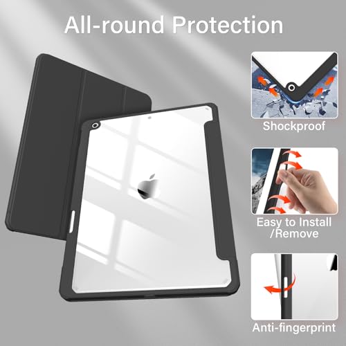 BQDIYOO Case for iPad 9th Generation 2021/iPad 8th Generation 2020/iPad 7th Generation 2019, iPad 10.2 Case with Pencil Holder, iPad 9/8/7 Case Auto Sleep Wake and Lightweight, Black