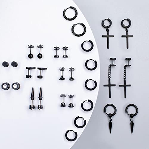 15 Pairs Earrings for Men, Black Stainless Steel Earrings Stud Kit for Men Women Fashion Piercing Jewelry Cross Dangle Hoop Earrings Set