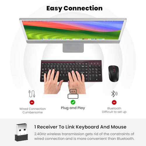 cimetech EasyTyping KF10 Wireless Keyboard and Mouse Combo, [Silent Scissor Switch Keys][Labor-Saving Keys] Ultra Slim Wireless Computer Keyboard and Mouse, Easy Setup for PC/Laptop/Windows - Wine Red