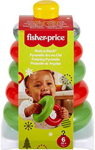 Fisher-Price Baby Toy Holiday Rock-a-Stack, Red & Green Ring Stacking Activity for Developmental Play Infants Ages 6+ Months