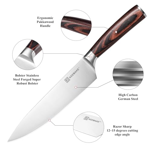 KEEMAKE Chef Knife 8 inch, Japanese Kitchen Knife with German High Carbon Stainless Steel 1.4116 Meat Knife, Gyuto Knife with Ergonomic Pakkawood Handle Knife for Kitchen Chopping Knife