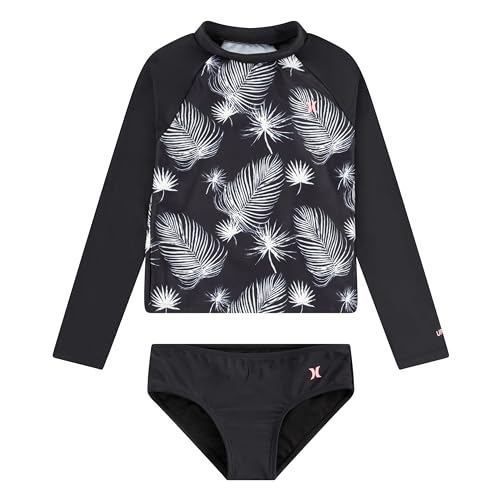 Hurley Girls Long Sleeve Rash Guard 2-Piece Swimsuit, Black/Sail, 8