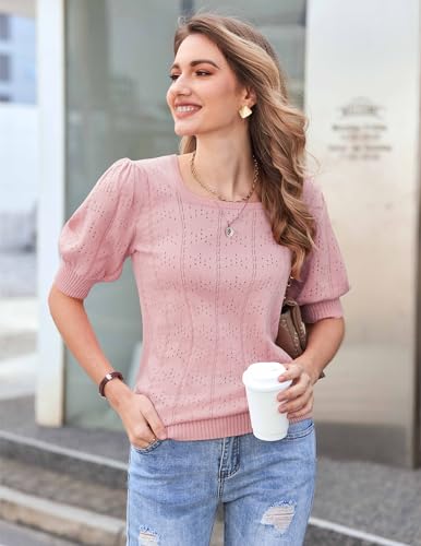 Tops for Women Trendy 2024 Puff Short Sleeve Sweaters Square Neck Crochet Knit Soft Summer Clothes Light Grey M