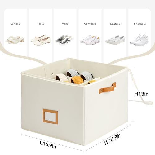 Delamu Shoe Organizer for Closet, Fabric Shoe Storage Boxes with Clear Cover, Adjustable Dividers for Shoe Storage, Foldable Space-saving Storage Container Bins, Fits 8-16 Pairs, Beige, 1-Pack