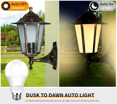 GEPLAD 4 Pack Dusk to Dawn Light Bulbs Outdoor, 2700K Warm White 1100LM,Sensor A19 LED Light Bulb, Auto on/Off Photocell Automatic for Indoor & Outdoor Lighting (Non-Dimmable)