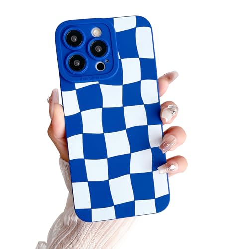 SPOBIT for iPhone 13 Pro Max Case, Aesthetic Retro Classic Grids Plaid Checkered Checkerboard Case for Women Men, Camera Protection Slim Soft Shockproof Cover Case for iPhone 13 Pro Max-Blue