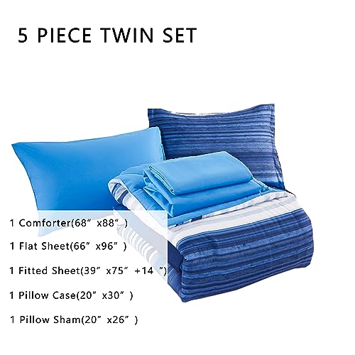 KAKIJUMN 5 Piece Bed in a Bag Stripe Comforter Set Twin Size, White and Blue Patchwork Striped Comforter and Sheet Set, All Season Soft Microfiber Complete Bedding Sets(Blue,Twin)