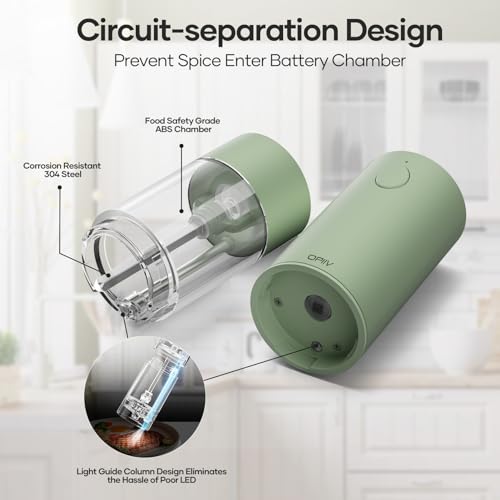OPIIV 2 Pack Electric Salt and Pepper Grinder Set - USB Rechargeable Automatic Salt Pepper Mill Shaker with LED Light, Adjustable Coarseness, One Hand Operation