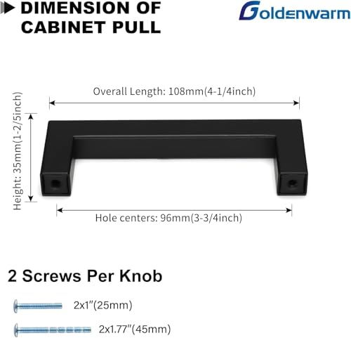 goldenwarm 35 Pack 4 inch Cabinet Pulls Black, Kitchen Cabinet Handles Dresser Drawer Pulls Square Cabinet Hardware 102mm(4in) Hole to Hole Centre