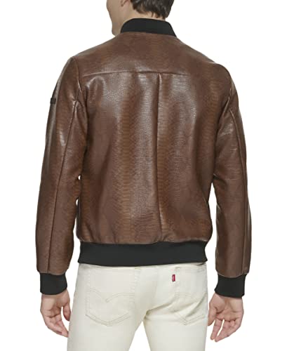 DKNY Men's Faux Leather Varsity Bomber Jacket, Varisty Brown Snake Embossed