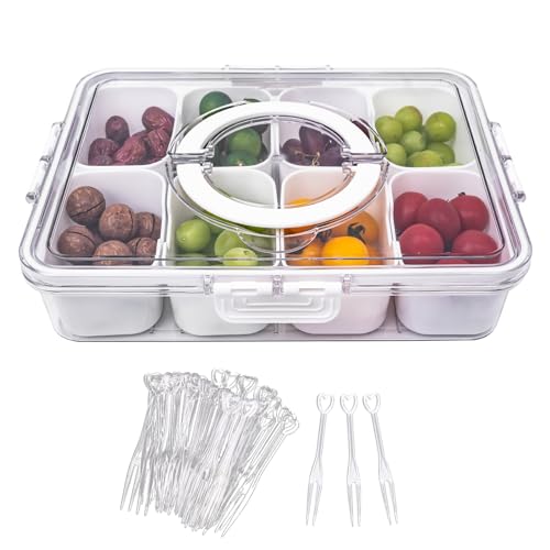 YUBYFA Divided Serving Tray with Lid and Handle,Snackle Box Charcuterie Container for Portable Snack Platters,Clear Organizer for Fruits,Candy, Nuts- Perfect for Travel&Picnic