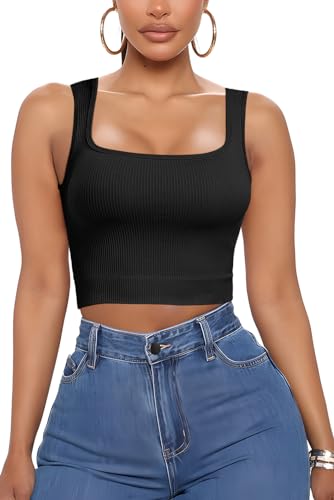 PEIQI Womens Going Out Tank Crop Tops Summer Fashion Outfits Sleeveless Basic Seamless Square Neck Cute Tops Black Small