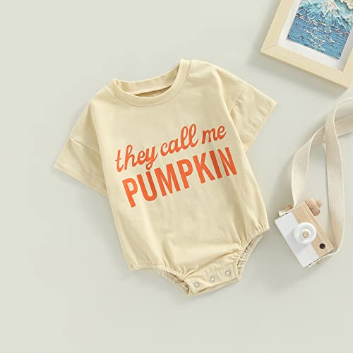 Kayotuas Baby Boys Girls Halloween Romper Oversized Tshirt Onesie Funny Announcement Bodysuit Shirts Cute Halloween Clothes (White&Brown Welcome to our pumpkin patch, 3-6 Months)