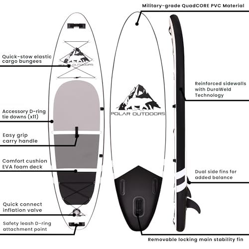 Polar Outdoors by Roc Inflatable Stand Up Paddle Board with Premium SUP Paddle Board Accessories, Wide Stable Design, Non-Slip Comfort Deck for Youth & Adults. (Mist W/Kayak Paddle)