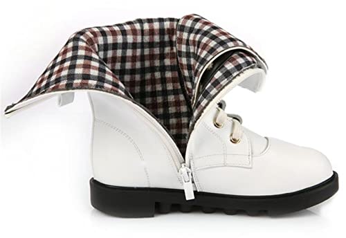 DADAWEN Kid's Girls Leather Lace-Up Zipper Mid Calf Combat Riding Winter Boots (Toddler/Little Kid/Big Kid) White US Size 13 M Little Kid