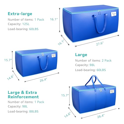 4-Pack Packing Bags for Moving with Handles - Extra Large Storage Bags Heavy Duty, Moving Boxes & Bins Alternative, Blue College Moving Totes for Clothes