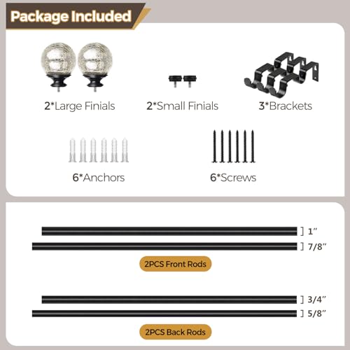 KAMANINA 1 Inch Double Curtain Rods 36 to 72 Inches(3-6 Feet) Black Curtain Rod for Windows, Telescoping Heavy Duty Drapery Rods with Crackle Glass Ends