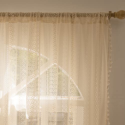 Sutuo Home White Boho Curtains 2 Panels 96 Inches Length for Bedroom Living Room Patio, Window Treatments Bohemian Sheer Knitted Crochet Lace Vintage Drapes Pair Tassels, Rod Pocket, 52" x 96"