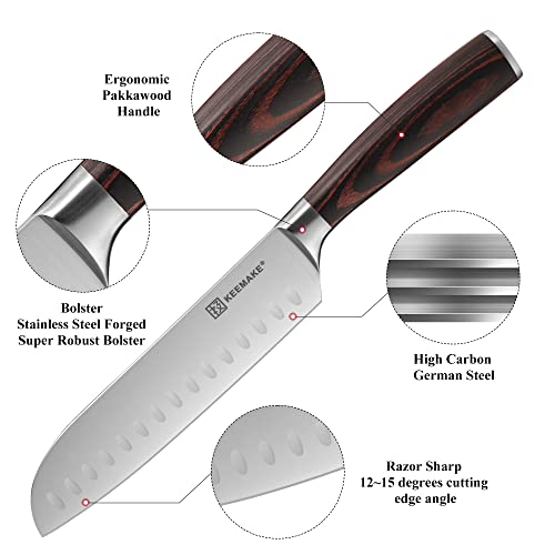 KEEMAKE Santoku Knife 7 inch, Japanese Chef Knife with German High Carbon Stainless Steel 1.4116 Chopping Knife, Kitchen Knife with Pakkawood Handle Knife for Kitchen Cutting Knife