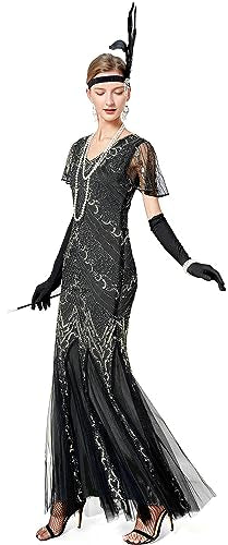 1920s Short Sleeve Sequin Gatsby Maxi Long Evening Prom Mermaid Hem Cocktail Dress w/Accessories Set Black Gold