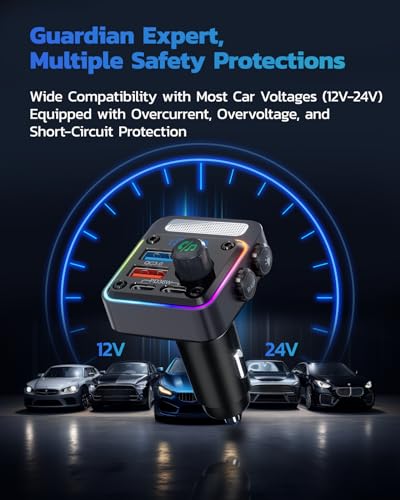 Nulaxy 54W Bluetooth 5.3 Car Adapter with 4 Charging Ports [PD 36W & QC3.0 18W], Wireless Radio FM Transmitter with Deep Bass Player & 5 Colors LED Backlit, Hands-Free Calling - NX16 Black