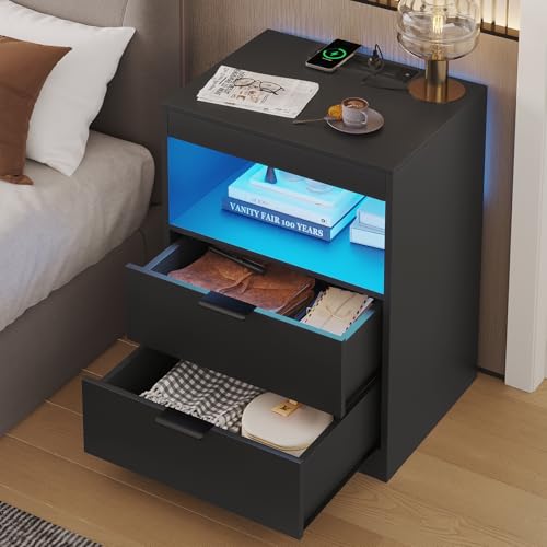 ADORNEVE LED Nightstand Black Nightstand with Wireless Charging Station 2 Drawers, Modern Bedroom End Side Table with LED Lights, Wooden Sofa Bedside Table with Pull-Out Shelf