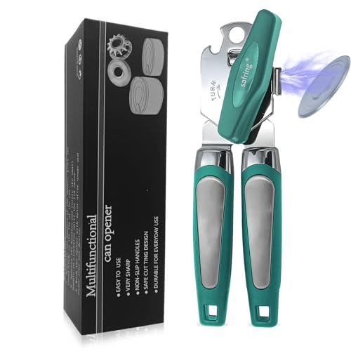 Safring Can Opener Manual with Magnet, Stainless Steel Handheld Heavy Duty Can Opener, Sharp Blade Smooth Edge, Comfortable Handle, Can Openers with Multifunctional Bottle Opener, Aqua Sky