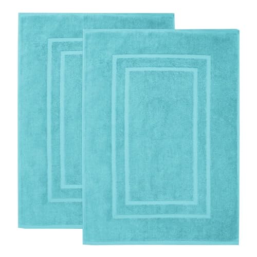 Feather & Stitch 2 Piece Towel Like Bath Mats (30x21 Inch) 100% Cotton Terry Mat, Non-Slip Hotel, Spa, Shower Floor Mats [NOT A Bathroom Rug], Soft Absorbent Washable Mats - Sky Blue