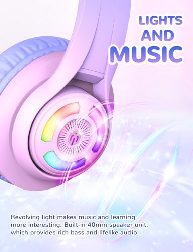 iClever Cat Ear Kids Bluetooth Headphones, LED Lights Up, 74/85/94dB Volume Limited, 50H Playtime,Bluetooth 5.2, USB C, Kids Headphones Wireless for Travel iPad Tablet, Meow Macaron-Gradient Pink