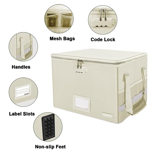 ENGPOW File Box with Lock, Fireproof Document Box with Zipper Lid,Collapsible File Storage Organizer Box Filing Box with Handle,Portable Home Office Safe Box for Hanging Letter/Legal Folder,Beige