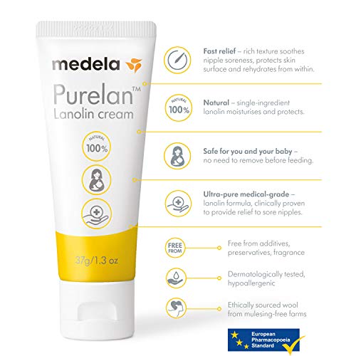 Medela Purelan Lanolin Nipple Cream for Breastfeeding, 100% All Natural Single Ingredient, Hypoallergenic, Soothing Protection, Safe for Nursing Mom and Baby, 1.3 Ounce Tube