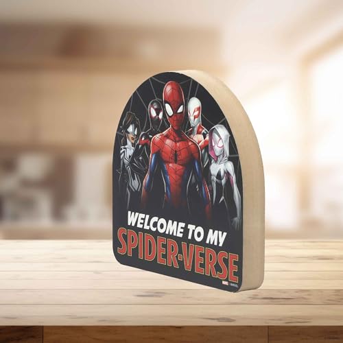 Marvel Spider-Man Welcome to My Spider-Verse Shelf Sitter Decor - Fun Wood Block Spider-Man Decoration for Teen Room or Movie Room