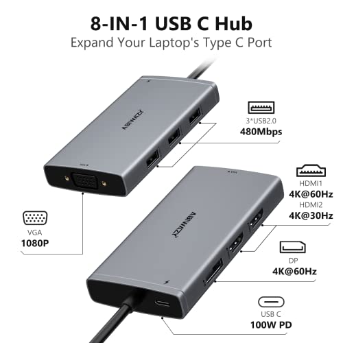 ABIWAZY USB C Docking Station Dual Monitor for HP Dell Lenovo Thinkpad Surface, 8 in 1 Computer Multiple Monitor Hub Adapter to Dual 4K HDMI,DisplayPort,VGA, 00W PD,3 USB for Windows Laptops(Black)