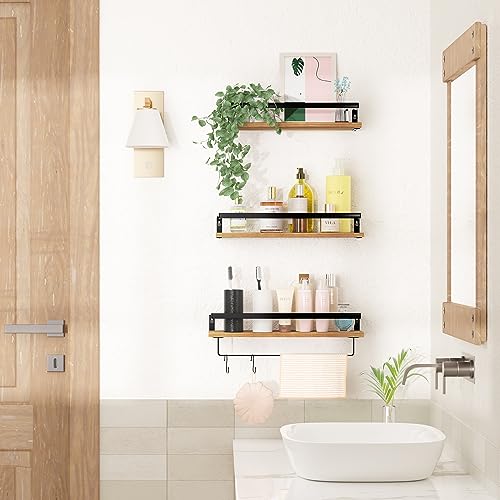 upsimples Bathroom Floating Shelves Wall Mounted Shelving with Removable Towel Bar, Wall Decor and Organizer for Bathroom, Bedroom, Living Room, Kitchen, Light Brown,Set of 3