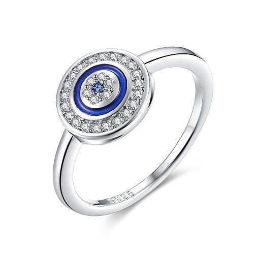 TONGZHE Round Blue Evil Eye Band Ring in Sterling Silver 925 w/Cubic Zirconia & Enamel[Size 6]